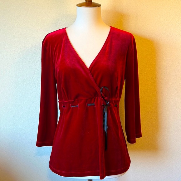 Red Velour Velvet Faux Wrap Top - Picture 1 of 5